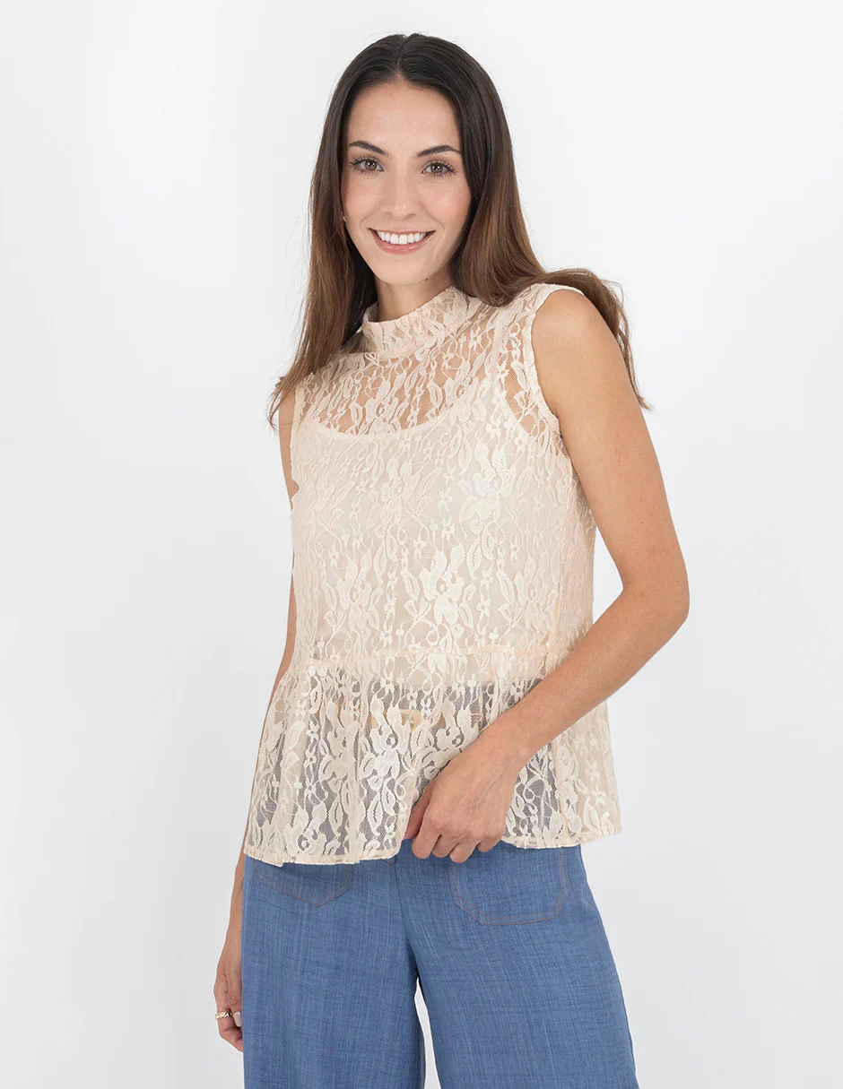 Blusa crema sin mangas y encaje floral - Imagen 2