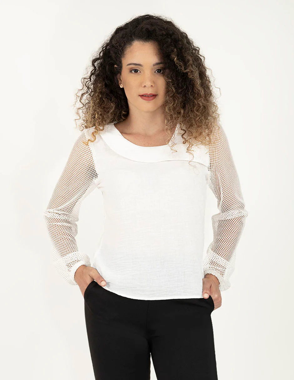 Blusa escote asimétrico con mangas en contraste de red - Imagen 3