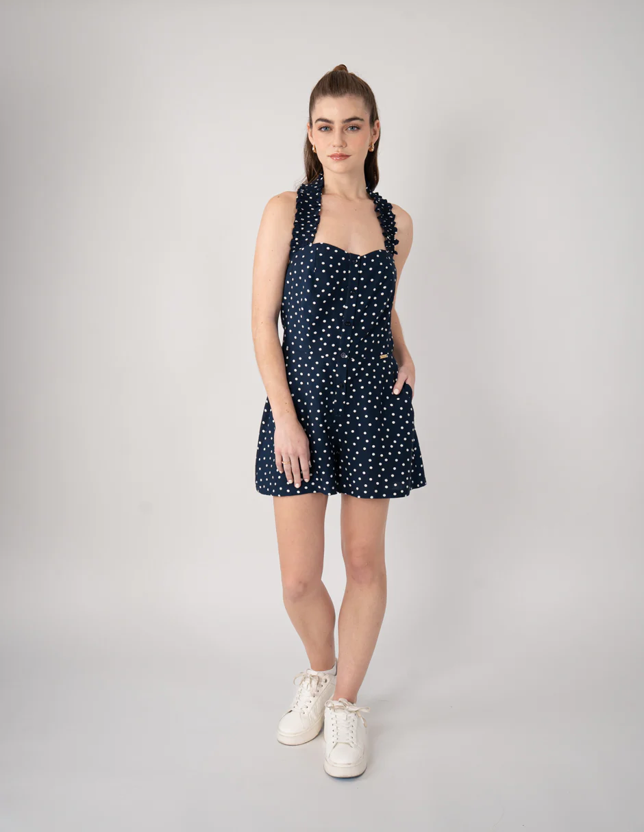 Jumpsuit corto azul marino y diseño de dots - Imagen 2