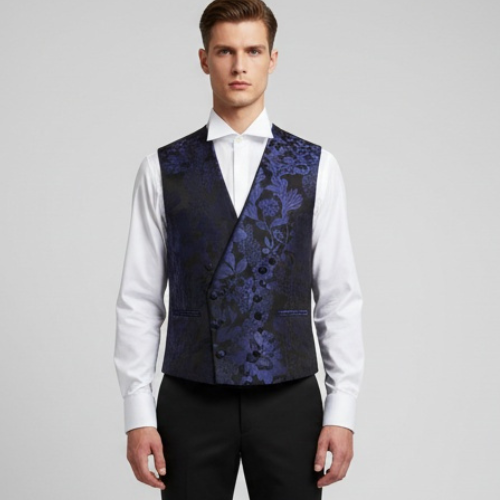 Chaleco de Hombre Azul Jacquard para Traje de Ceremonia con Espalda de Raso y Regulador – Liquidación - Imagen 2