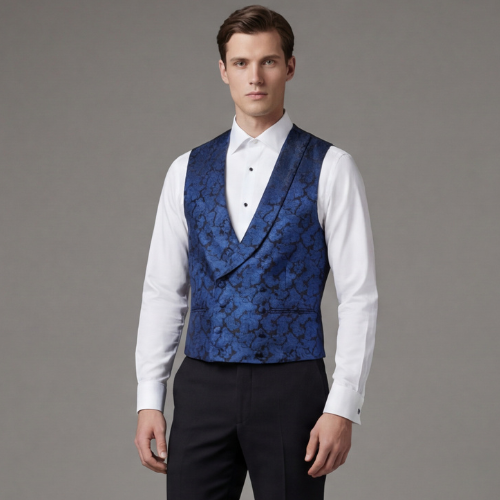 Chaleco de Ceremonia Hombre Azul Brocado con Espalda de Raso Negro – Liquidación - Imagen 2